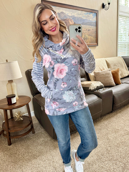 Michelle Mae Classic Zoey ZipCowl Sweatshirt - Grey Floral and Stripes