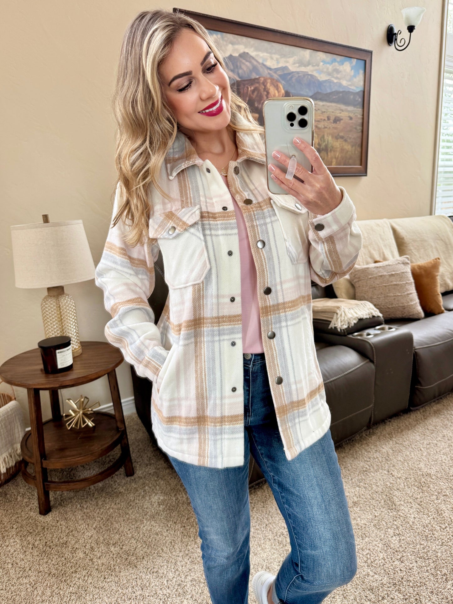 Michelle Mae Norah Plaid Shacket - Neutral Blush Mix