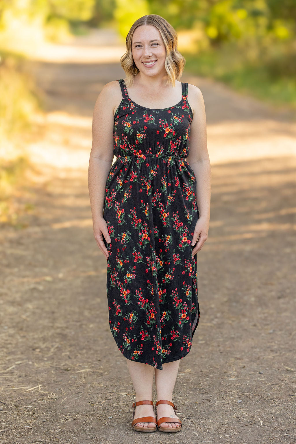 Michelle Mae Reagan Ribbed Midi Dress - Black Floral