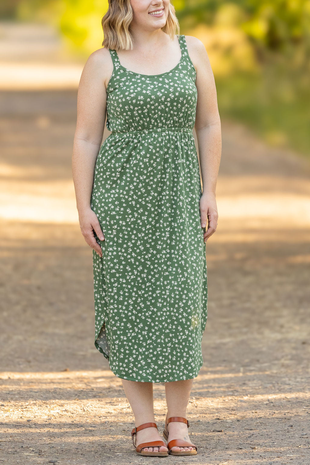 Michelle Mae Reagan Ribbed Midi Dress - Olive Floral