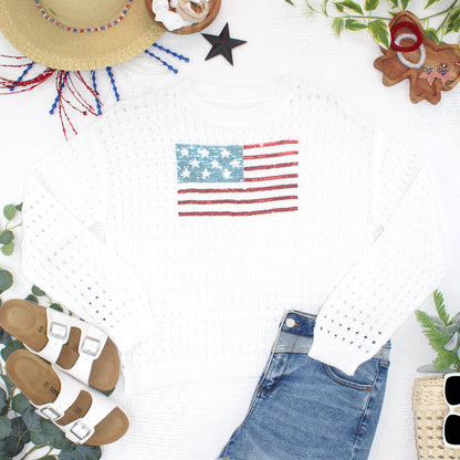 Michelle Mae USA Sequin Flag Open Knit Pullover