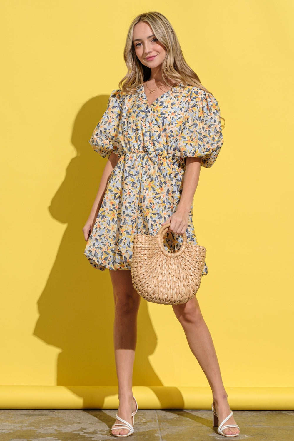 Locked In Puff Sleeve Dress- Yellow Multi