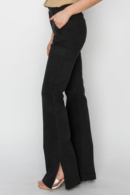 Black Cat Energy High Rise Side Slit Cargo Bootcut Jeans