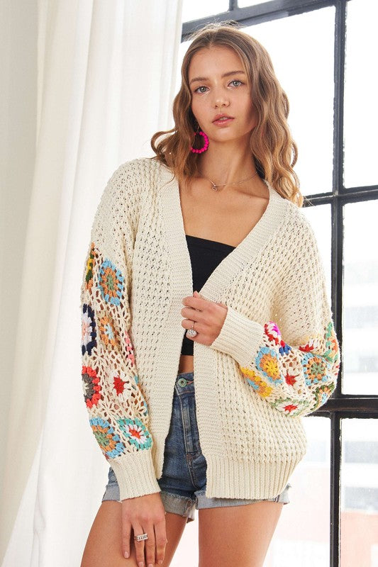 Boho-Chic Crochet Open Front Cardigan in Ivory