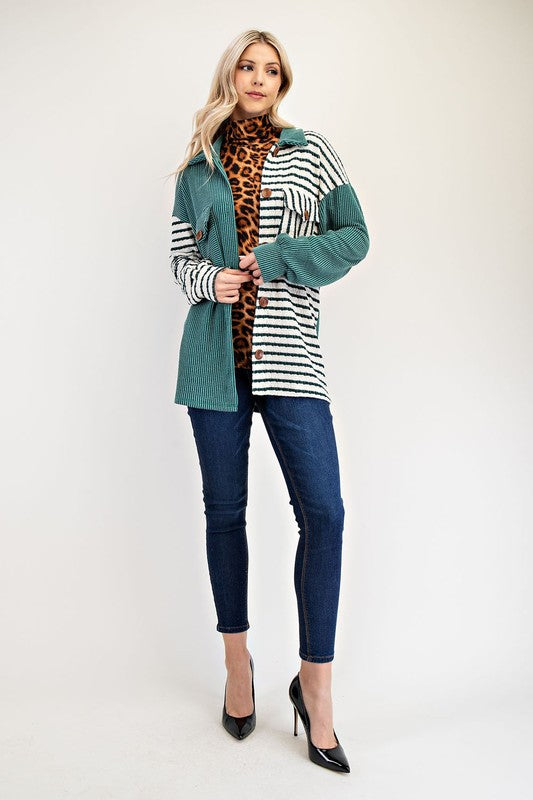 The Drop-Shoulder Stripes Shacket- Turquoise