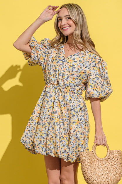 Locked In Puff Sleeve Dress- Yellow Multi