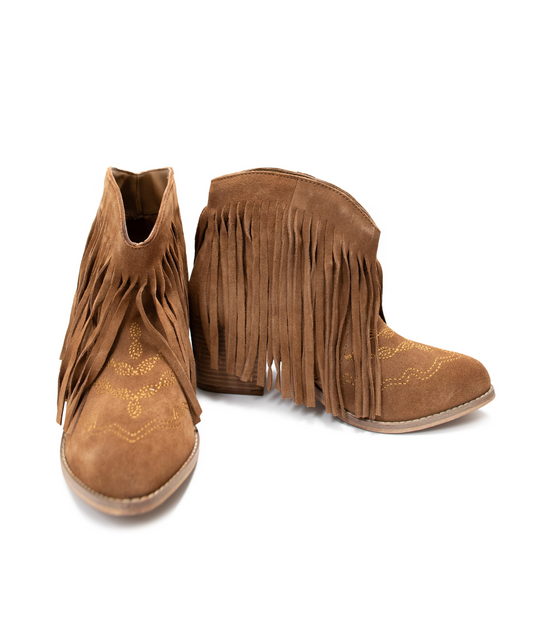 Amos Fringe Ankle Bootie in Tan Suede