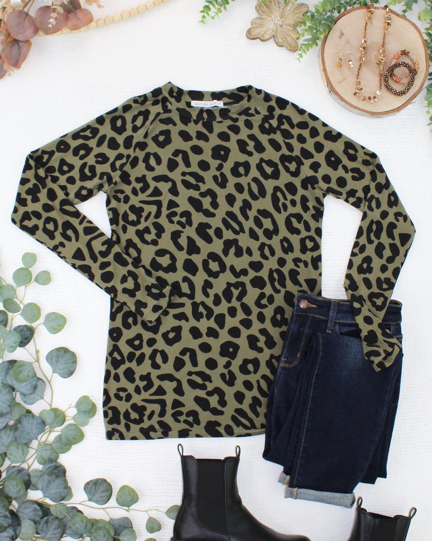 Michelle Mae Blair Long Sleeve Top - Olive Animal Print