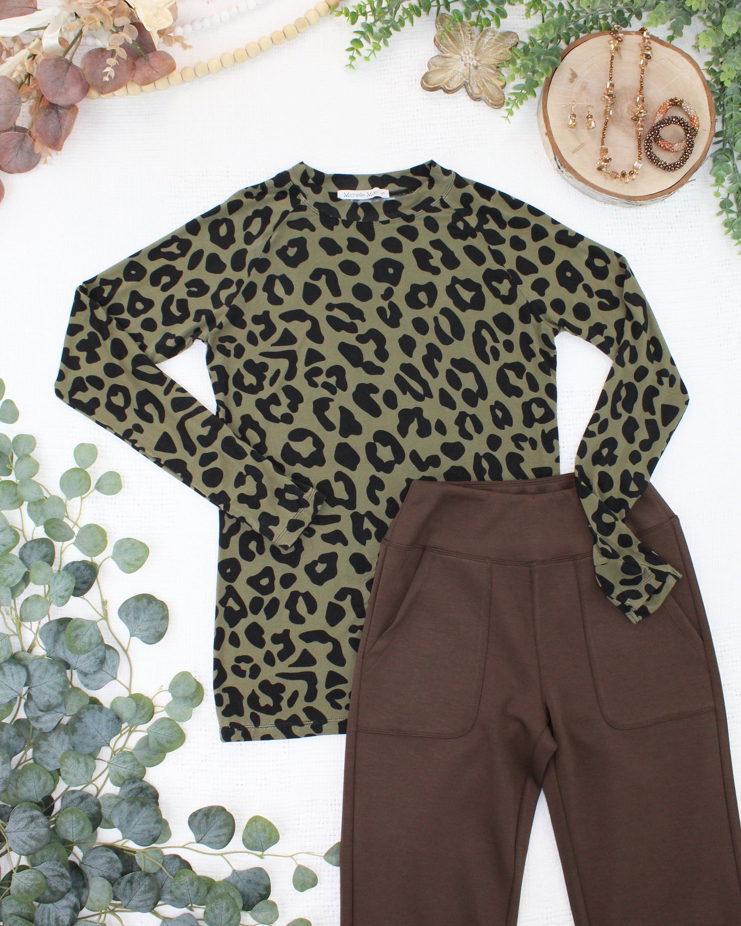Michelle Mae Blair Long Sleeve Top - Olive Animal Print