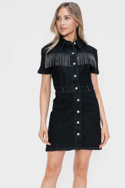 Chic Fringe Denim Button-Up Dress