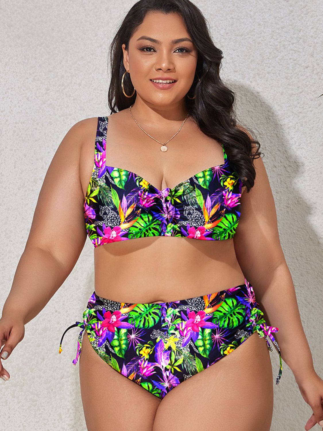 PREORDER- Plus Size Printed Drawstring Detail Bikini Set