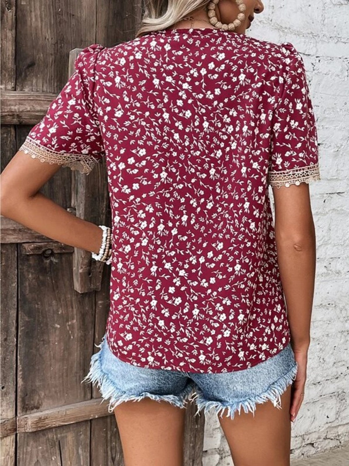 PREORDER: Full Size Printed V-Neck Short Sleeve Blouse