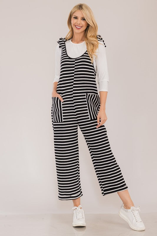 Striped Scoop Neck Pocket Overalls