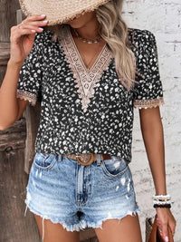 PREORDER: Full Size Printed V-Neck Short Sleeve Blouse