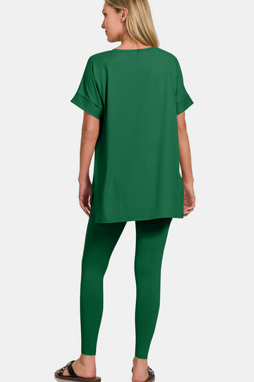 Nighty Night Short Sleeve T-Shirt and Leggings Lounge Set In Dk Green