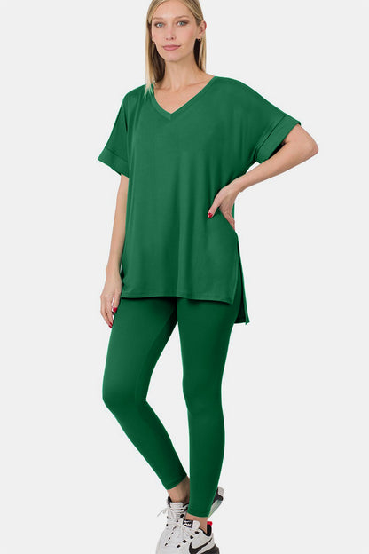 Nighty Night Short Sleeve T-Shirt and Leggings Lounge Set In Dk Green