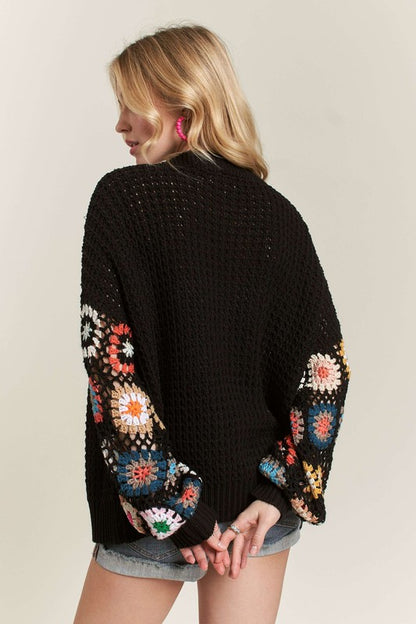 Boho-Chic Crochet Open Front Cardigan in Black