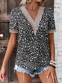 PREORDER: Full Size Printed V-Neck Short Sleeve Blouse