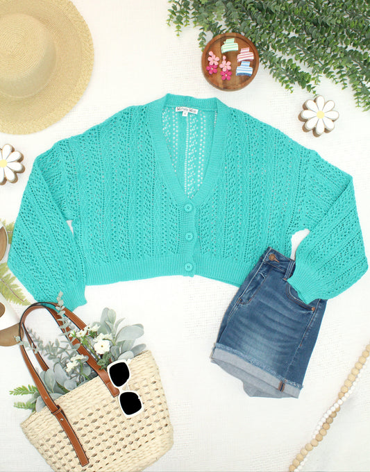 PREORDER- Michelle Mae Callie Cropped Cardigan - Aqua