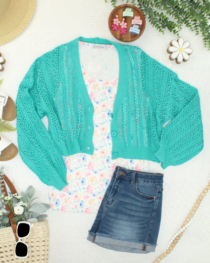 PREORDER- Michelle Mae Callie Cropped Cardigan - Aqua
