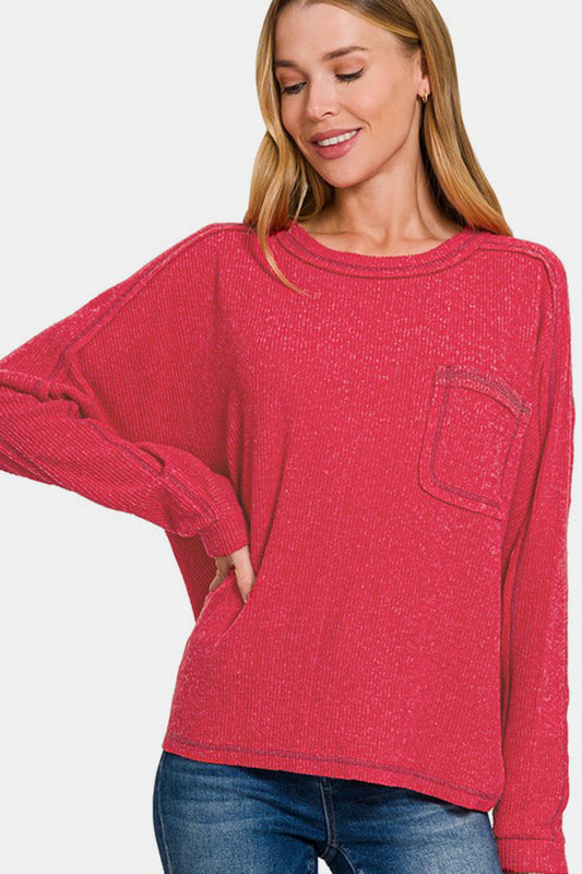 Cozy Contrast Knit Top- Red