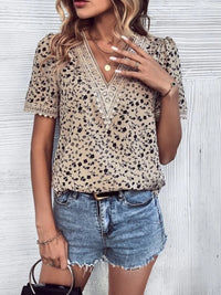 PREORDER: Full Size Printed V-Neck Short Sleeve Blouse