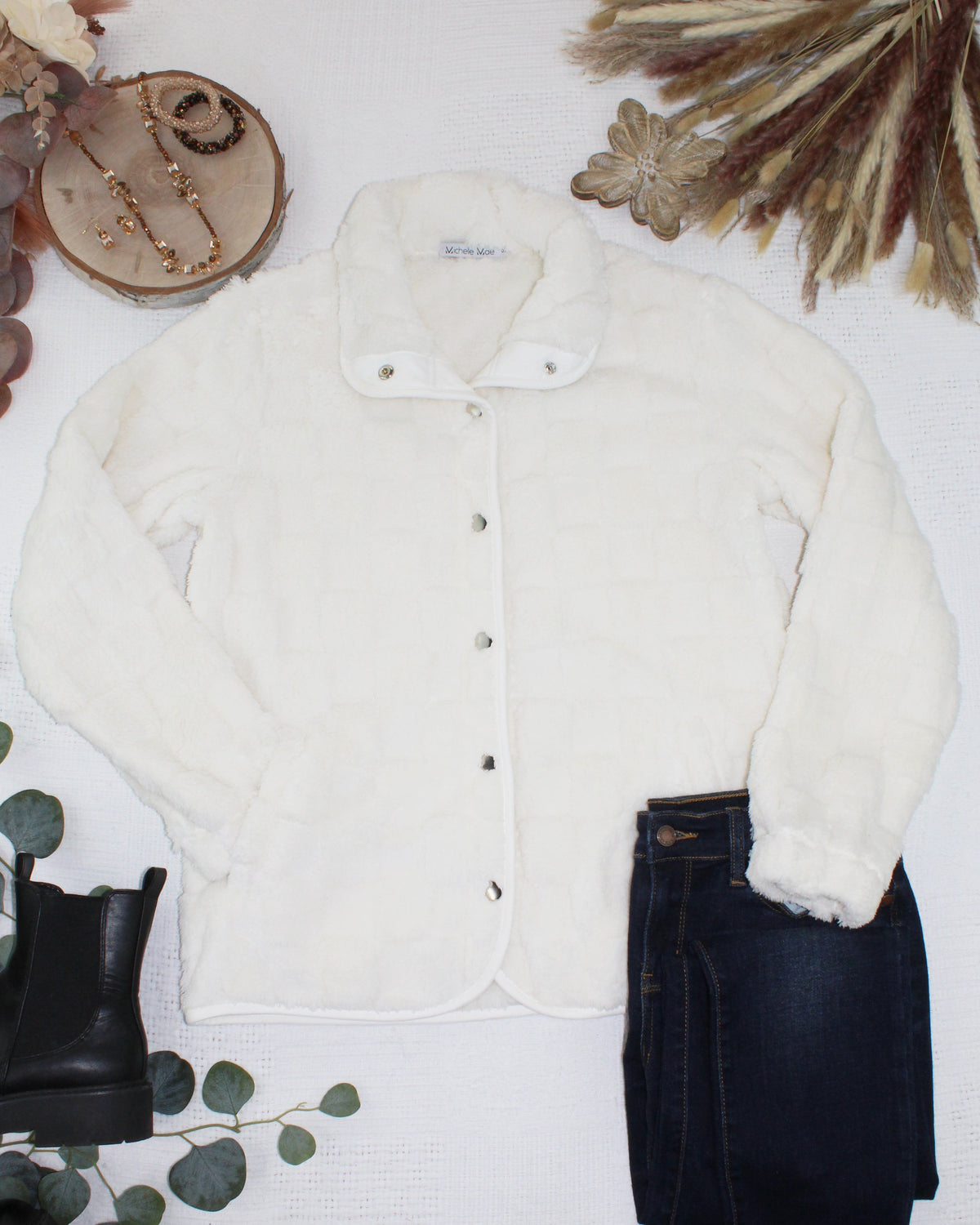 Michelle Mae Checkered Snap Sherpa - Ivory
