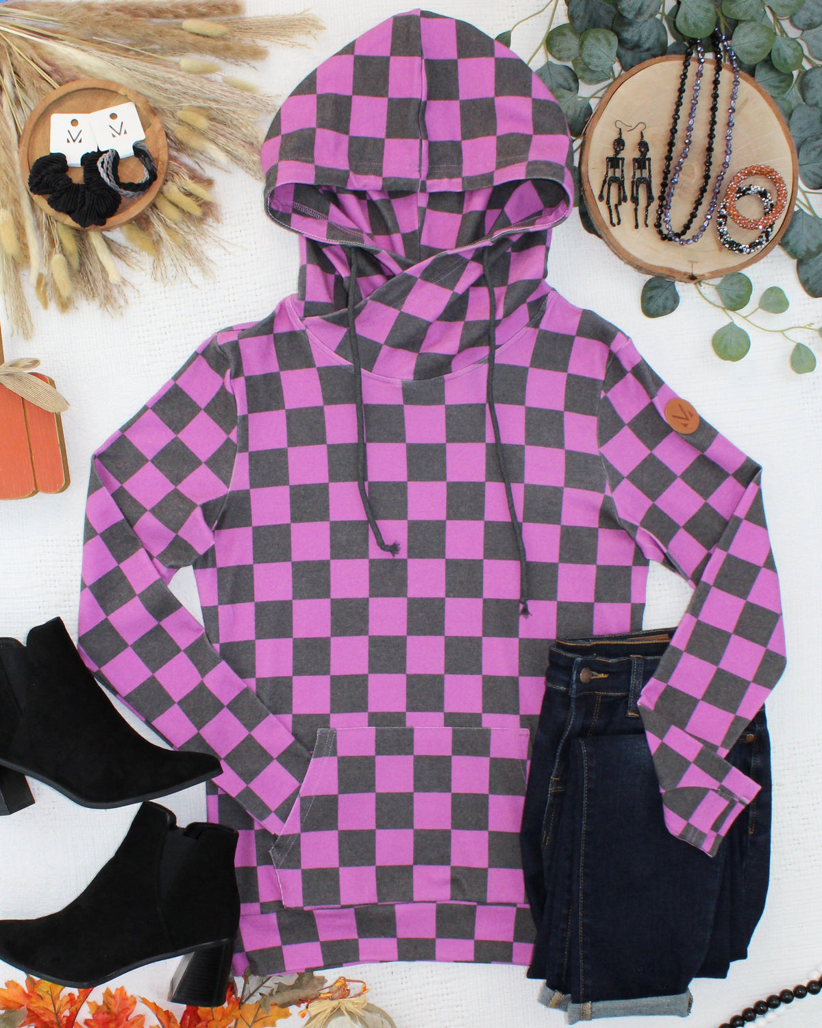 Michelle Mae Ashley Hoodie - Black and Purple Checkers