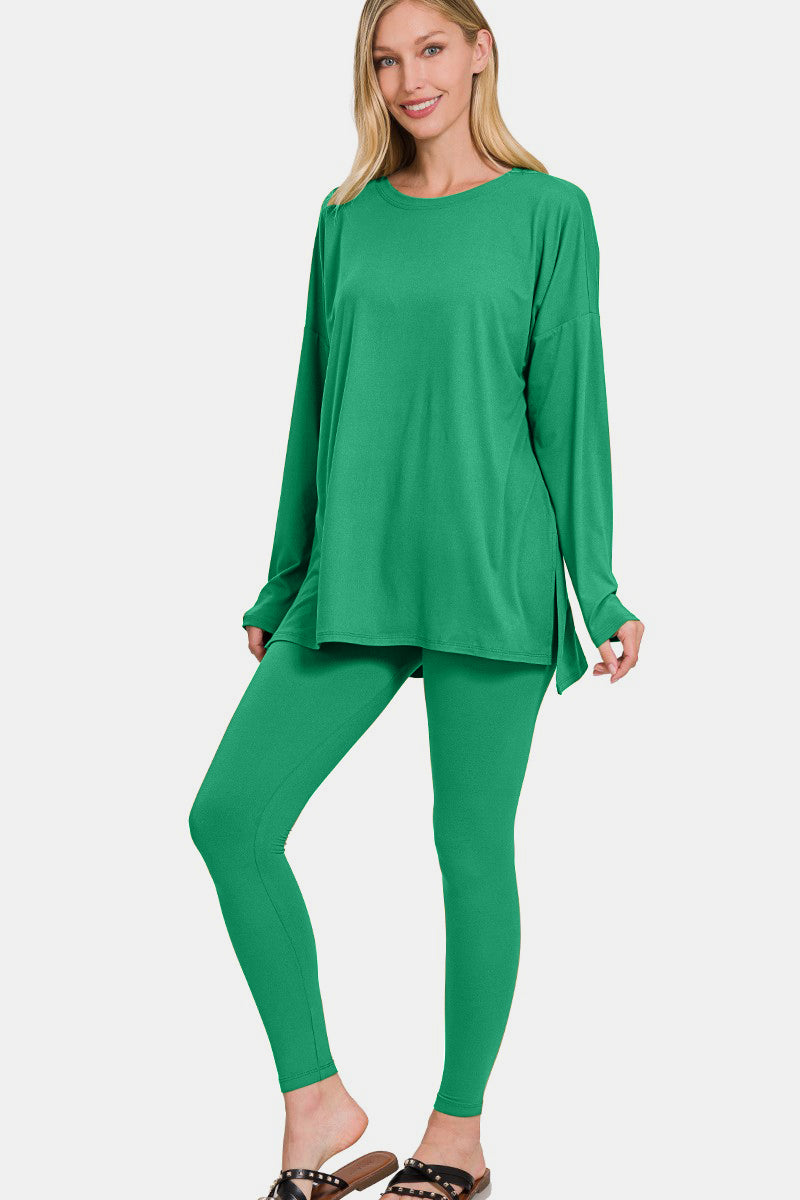 Nighty Night Long Sleeve Top and Leggings Lounge Set In Kelly Green