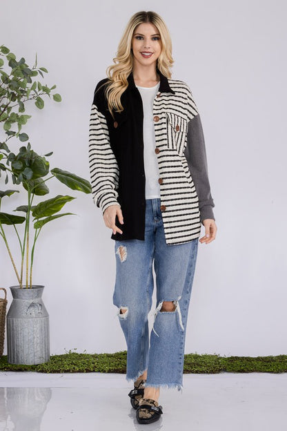 The Drop-Shoulder Stripes Shacket- Black