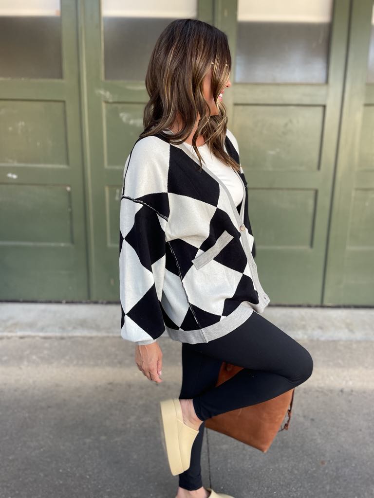 PREORDER: Contrast Trim Cardigan in Black Checkers