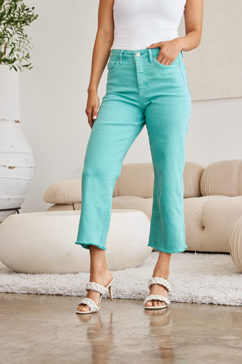 Chloe Tummy Control High Waist Raw Hem Jeans In Island Green