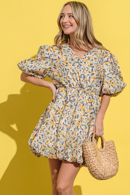 Locked In Puff Sleeve Dress- Yellow Multi