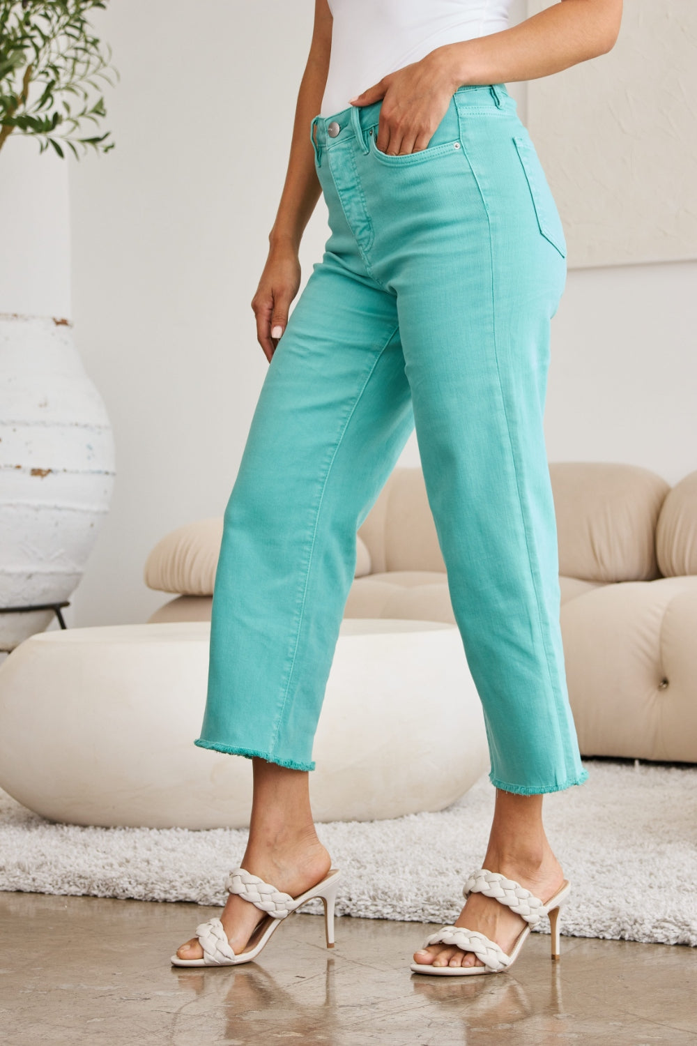 Chloe Tummy Control High Waist Raw Hem Jeans In Island Green