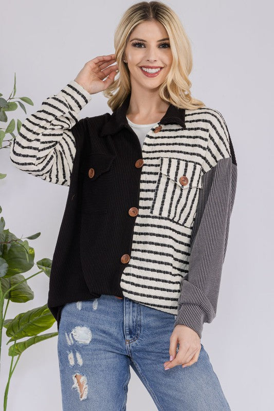 The Drop-Shoulder Stripes Shacket- Black