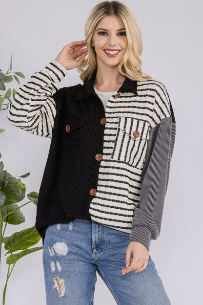 The Drop-Shoulder Stripes Shacket- Black