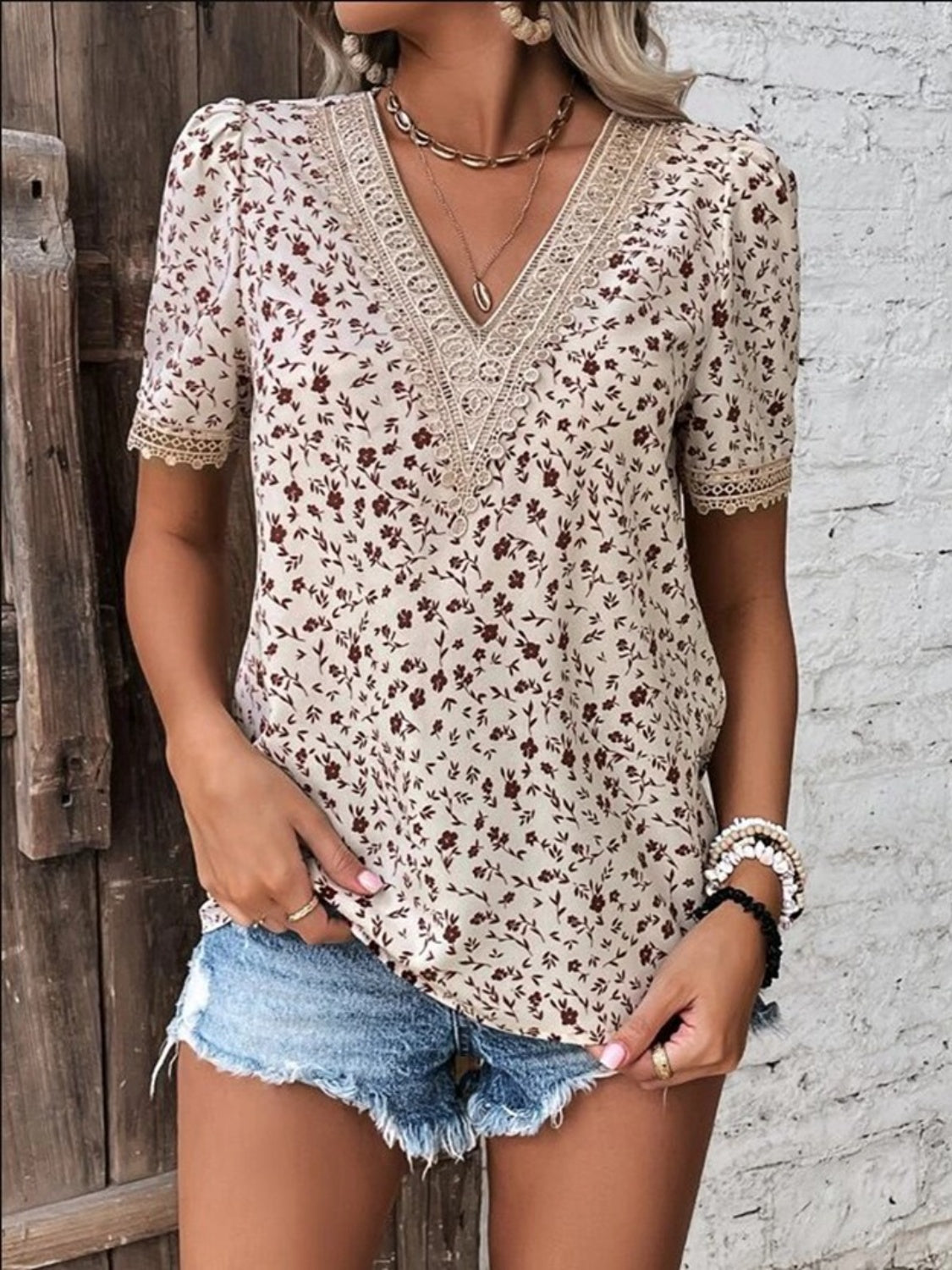 PREORDER: Full Size Printed V-Neck Short Sleeve Blouse