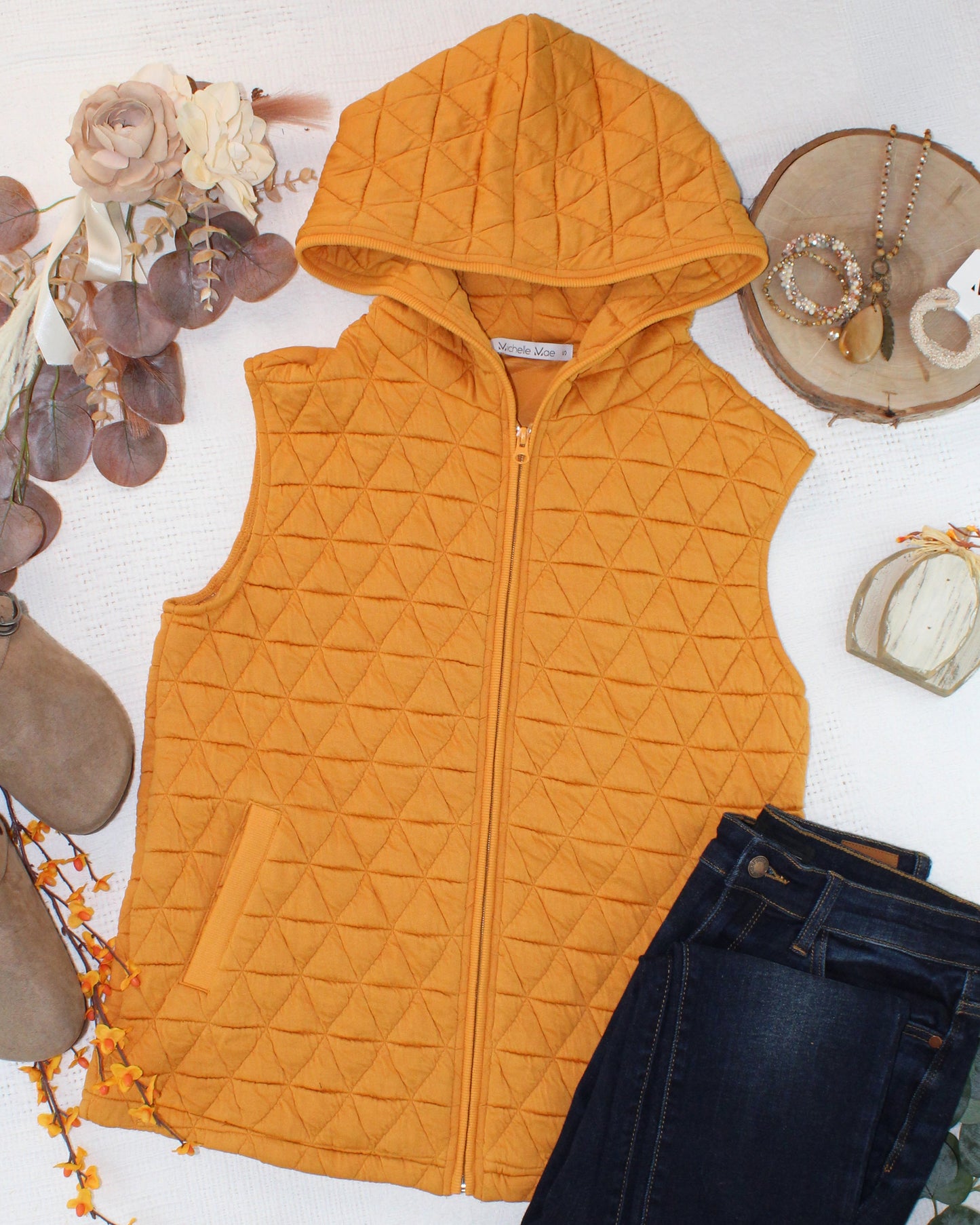 Michelle Mae Heather Geometric Hooded Vest - Mustard