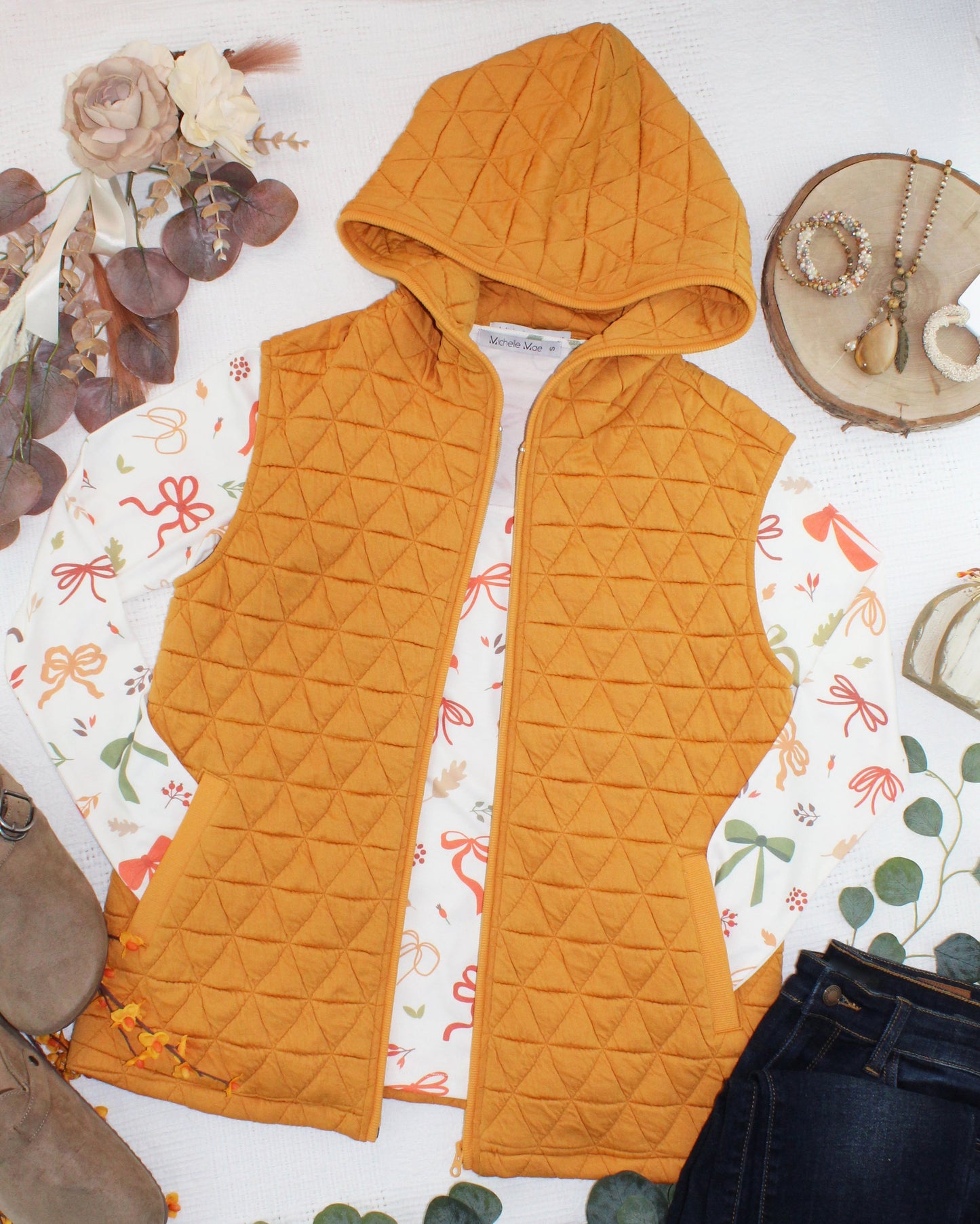 Michelle Mae Heather Geometric Hooded Vest - Mustard