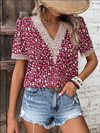 PREORDER: Full Size Printed V-Neck Short Sleeve Blouse