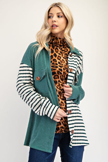 The Drop-Shoulder Stripes Shacket- Turquoise