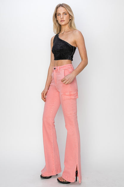 Sunshine On My Mind Side Slit Cargo Bootcut Jeans (FLAMINGO)