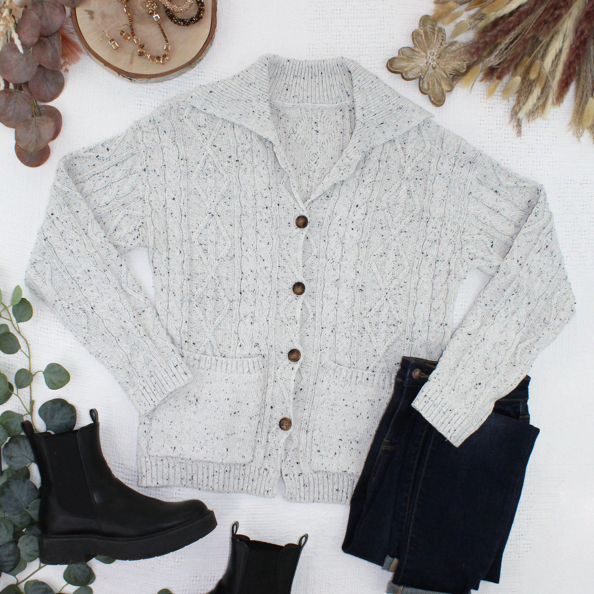 Michelle Mae Confetti Dot Cable Cardigan Jacket - Grey