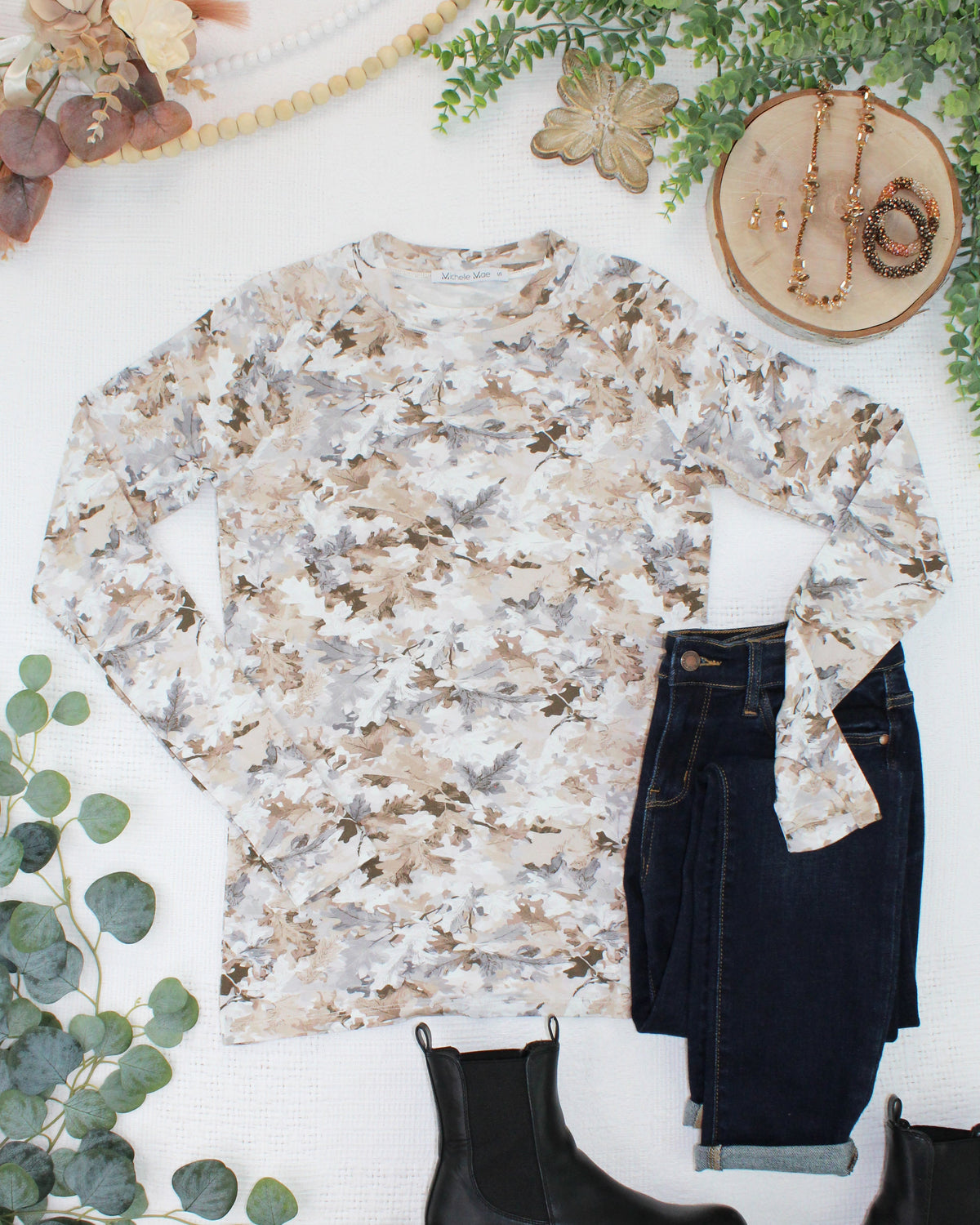 Michelle Mae Blair Long Sleeve Top - Neutral Leaves