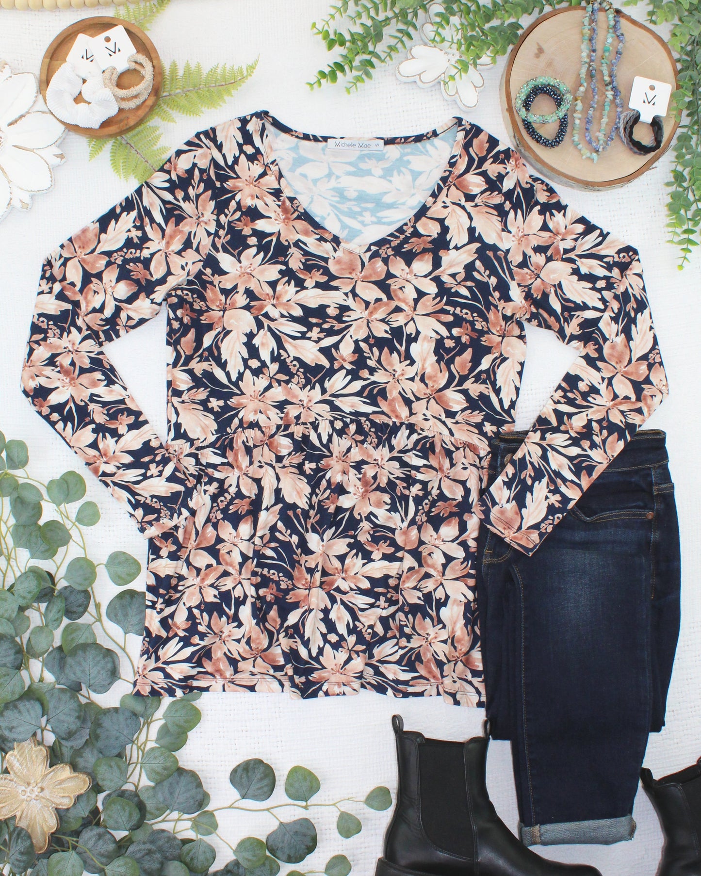Michelle Mae Long Sleeve Sarah Ruffle Top - Navy Autumn Petals