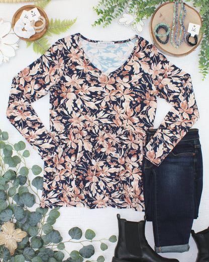 Michelle Mae Long Sleeve Sarah Ruffle Top - Navy Autumn Petals