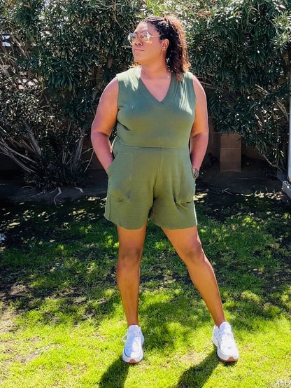 Short Sleeve V-Neck Romper in Army Green