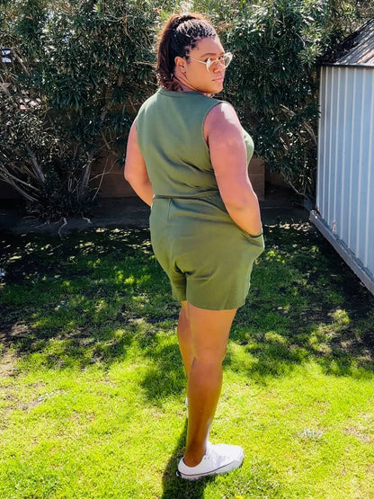 Short Sleeve V-Neck Romper in Army Green