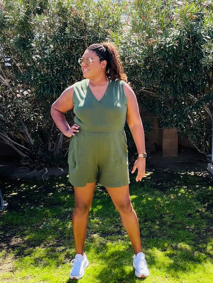 Short Sleeve V-Neck Romper in Army Green