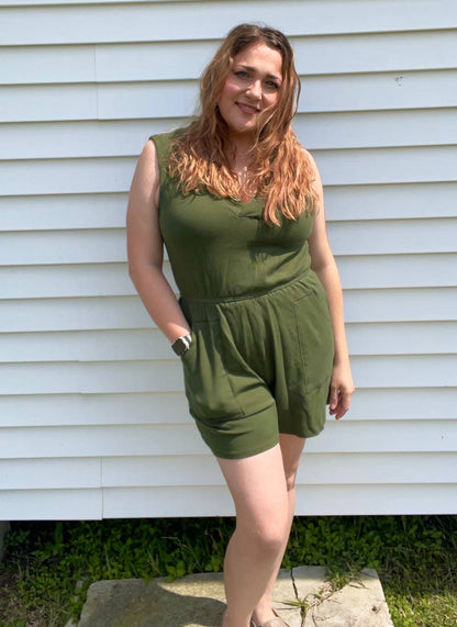 Short Sleeve V-Neck Romper in Army Green